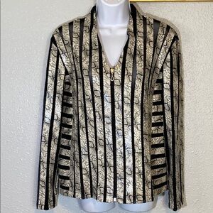 T&W Designs Black and Cream Striped Animal Print & Sheer Panel Blazer